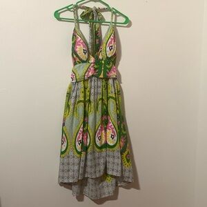Magic Green/Yellow/Pink Printed Dress W/lining Halter Dress Size L Used